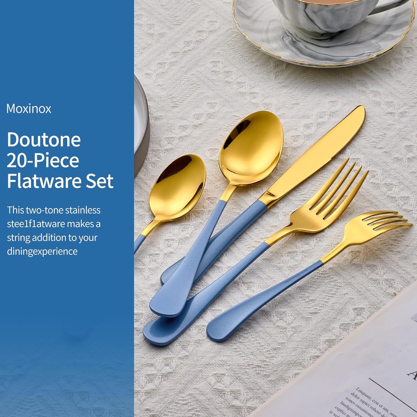 20-Piece Grey blue & Gold Silverware Set, 18/0 Stainless Steel Colorful Handle Flatware Set,Service for 4,Modern Cutlery Set Includes Dinner Knives Forks Spoons,Mirror Polished,Dishwasher Safe