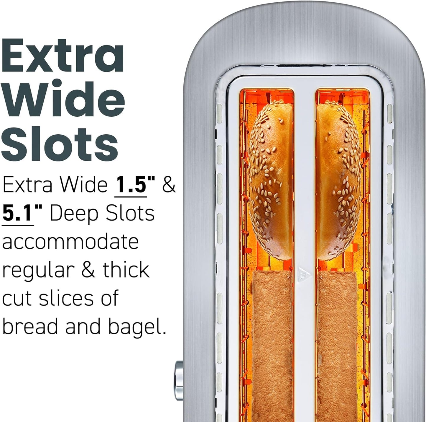 Elite Gourmet ECT4123 Long Slot 4 Slice Toaster, Extra Wide 1.5" and 5.1" Deep Slots, Bagel, Defrost & Cancel Functions, 6 Toast Shade Settings, Fits Bagels, Waffles, Artisan Breads, Stainless Steel