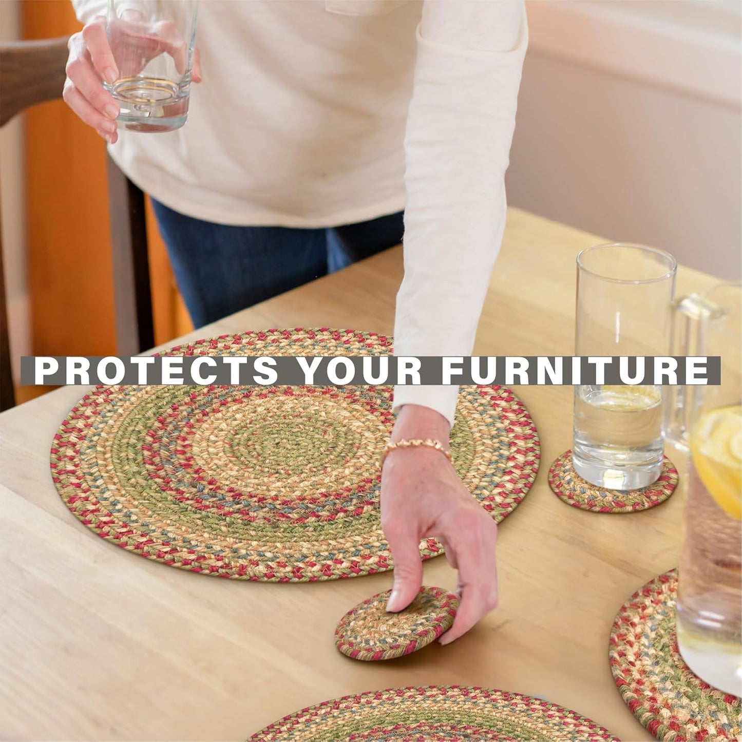 Azalea Round Braided Placemats, Warm Country Primitive Decor, Set of 2, 15" Multicolor Jute Table Mats - Vibrant Colors, Durable, Easy to Clean and Protects Furniture