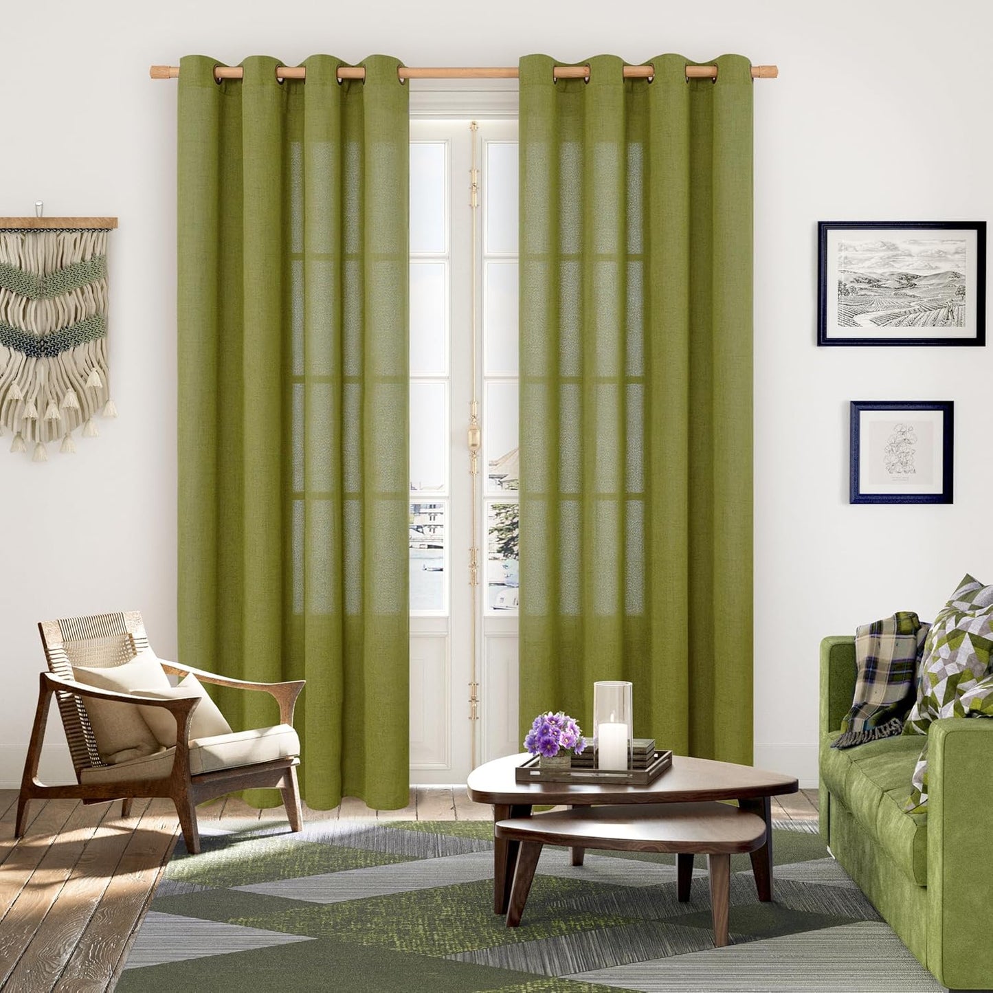 YoungsTex Olive Green Linen Curtains 84 Inches Length for Living Room Bronze Grommet Textured Drapes Privacy Light Filtering for Dining Room Bedroom Office, 52 x 84 Inch, 2 Panels
