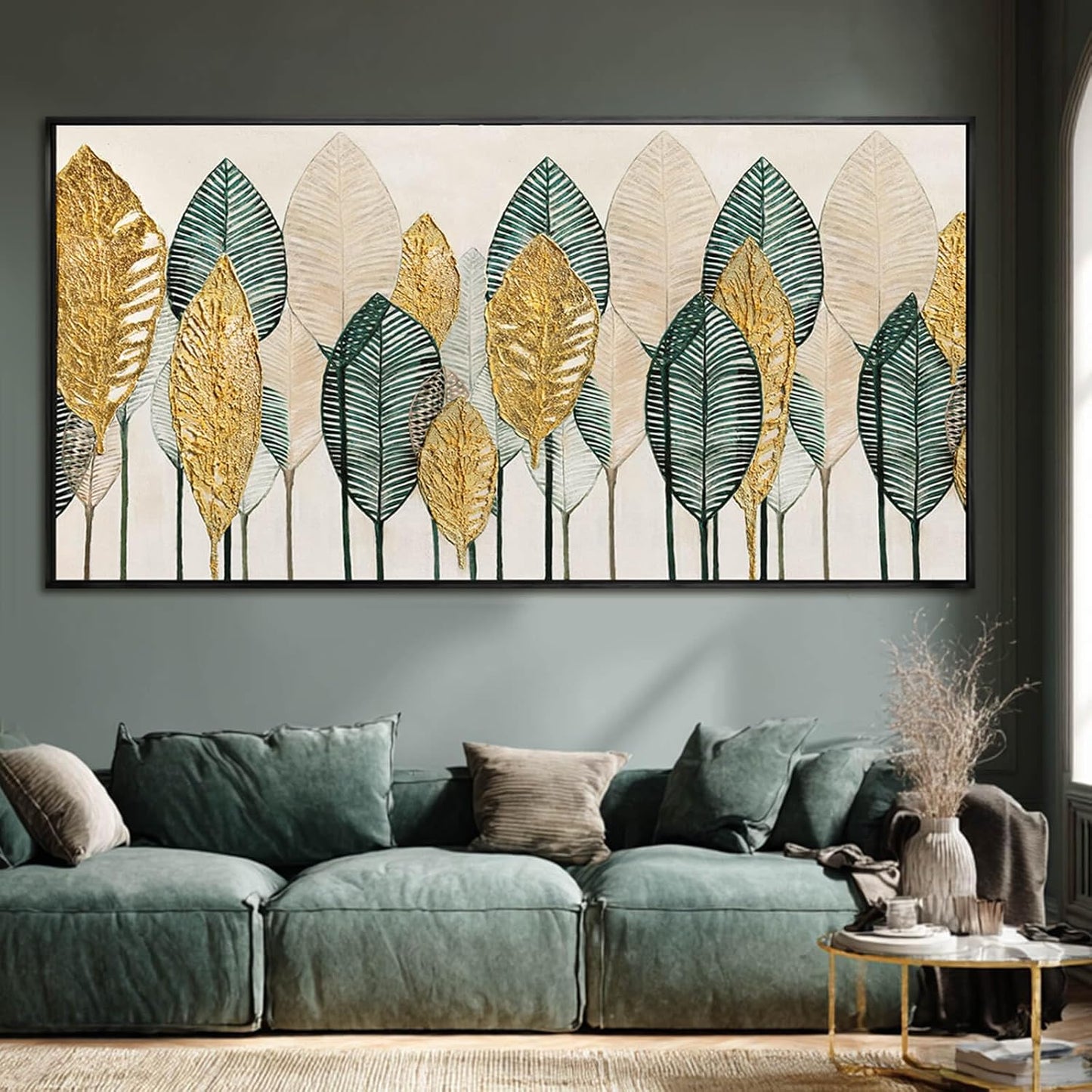 Contemporary Framed Wall Art Green and Gold Wall Decor Leaves Wall Prints Line Wall Posters 29"x58" Living Room Decorations Kitchen Art