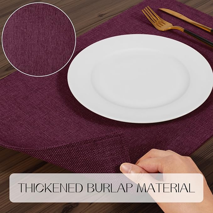Romanstile Cloth Placemats Set of 4-12 x 18 Inch, Heat Resistant Double Layered Thickened Burlap Place Mats, Washable Linen Farmhouse Table Mats for Kitchen/Dining/Party/Outdoor, Purple