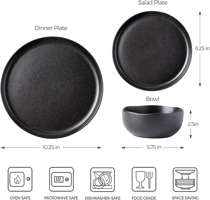 TheTerra Ceramic Dinnerware Sets for 4, 12 Pieces Porcelain Lightweight Plates and Bowls Sets, Scratch Resistant Dish Set, Oven & Microwave & Dishwasher Safe, Black