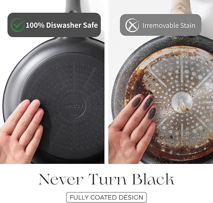 PRICUSIS Nonstick Ceramic Frying Pan with Lid, 8/10 Inch Skillet with Stay Cool Handle, Fully Coated, Induction Compatible & Oven Safe, 100% Dishwasher Safe, PTFE & PFOA Free（8 Inch, Black Sesame）