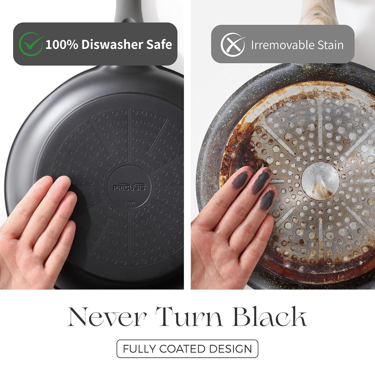 PRICUSIS Nonstick Frying Pan, 8/10/12 Inch Skillet with Stay Cool Handle, Fully Coated, Induction Compatible & Oven Safe, 100% Dishwasher Safe, PTFE & PFOA Free（10 Inch, Black Sesame）