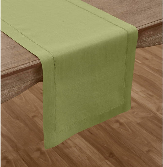 Solino Home Linen Table Runner 108 Inches Long - 100% Pure Linen Moss Green Table Runner 14 x 108 Inch for Fall, Autumn, Thanksgiving - Classic Hemstitch