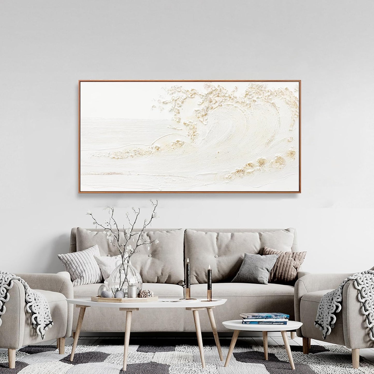 Framed Wall Art Wall Decor Nature Decor Canvas Hand Painted White Wave With Golden Embellishments Artwork Painting Picture For Living Room Bedroom Living Room And Office Wall Decor 24x48 Inch