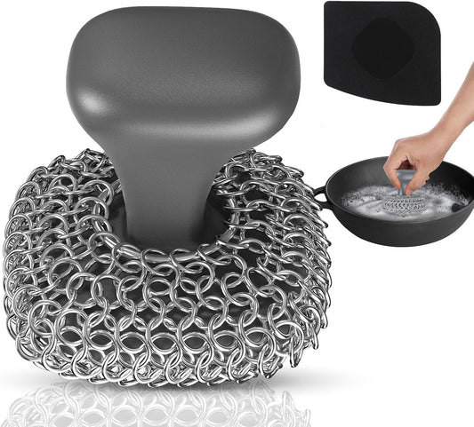 Cast Iron Scrubber, Cast Iron Cleaner with Pan Scraper, Chainmail Scrubber for Cleaning Dishes, Stock Pots, Pans, Griddles, Grills - Dish Scouring Pad Dishwasher Safe Cleaning Kit, Black
