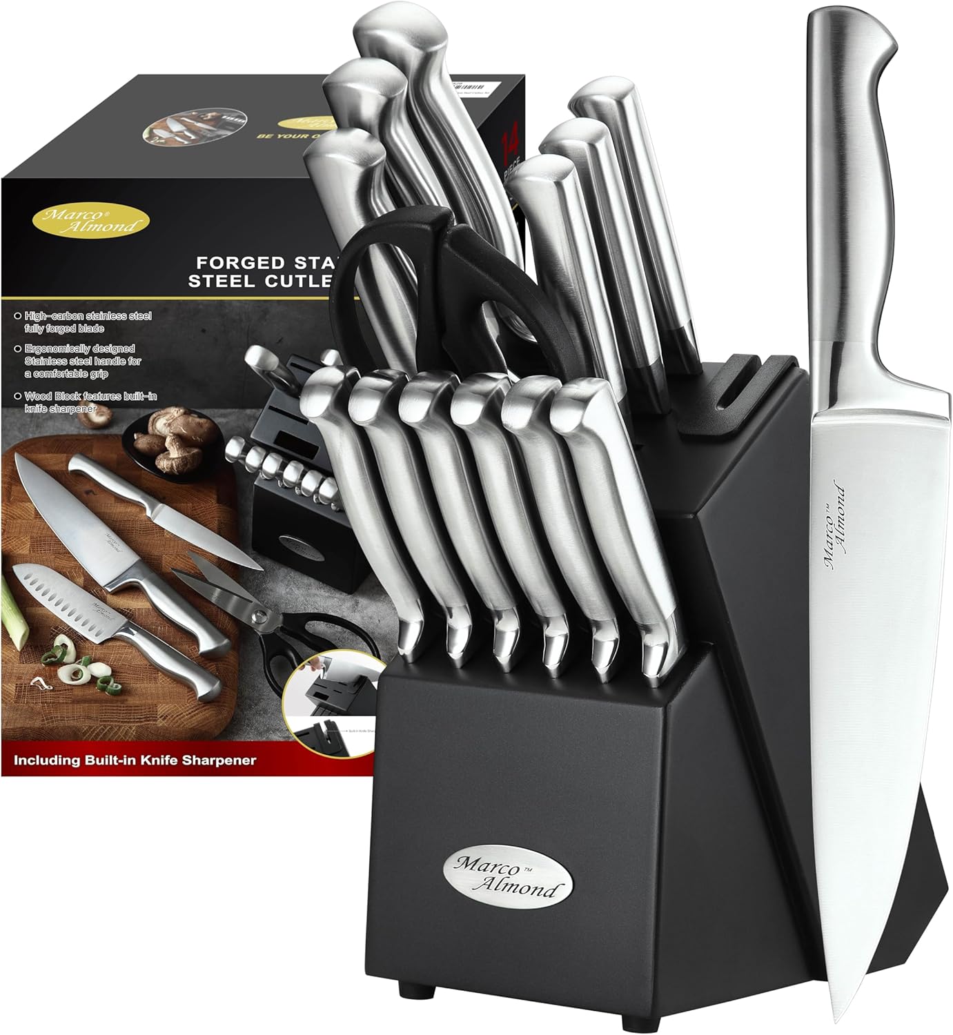 Marco Almond® Knife Set with Block KYA28, 14 Pieces Stainless Steel Chef Cutlery Kitchen Knives Block Set with Built-in Sharpener