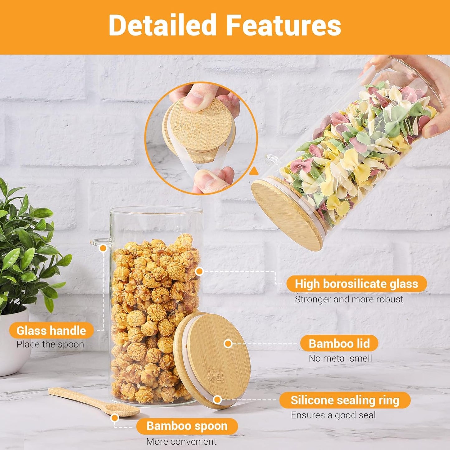 Glass Jars with Bamboo Lids and Spoon - 2 Pack 44 Fl.oz Round Pasta Storage Containers with Airtight Lid, Includes Labels, Marker and Brush, Large Kitchen Pantry Canisters for Rice, Noodles