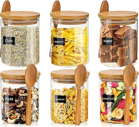 6 Pack 18.2 oz Overnight Oats Containers with Lids,Sealed Borosilicate Glass Jars with Bamboo Lid and Spoon,Clear Food Storage Jar for Kitchen,Candy, Spices, Coffee Beans,Cookies, salad, Oats, Flour