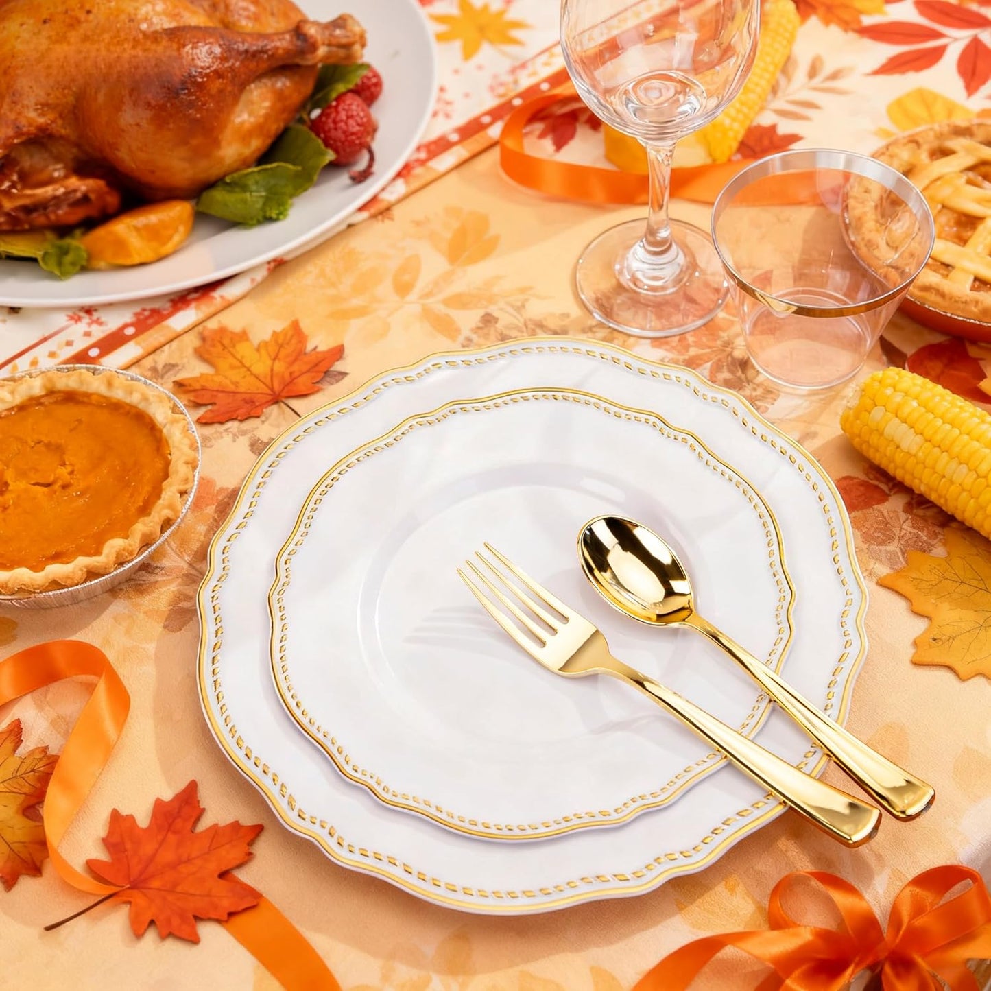 Hioasis 175pcs White and Gold Plastic Plates - Gold Plastic Dinnerware Set Includes 25 Dinner Plates, 25 Dessert Dinnerware, 25 Cups, 25 Rolled Napkin Cutlery Perfect for Thanksgiving & Party