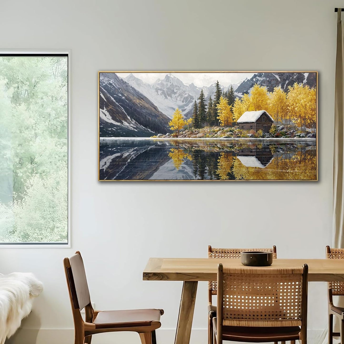KLAKLA Living Room Wall Art - Tranquil Lake Cabin Orange Tree Forest Snowy Mountain Canvas Wall Decor Oversize Landscape Picture Framed Artwork for Bedroom Office Walls Home Decoration 48x24 Inches