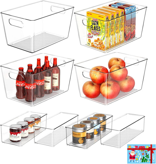Set of 8 Clear Plastic Storage Bins, 4 Large +4 Small Pantry Organizers and Storage Containers for Kitchen Organization, Home Storage Must Haves for Office, Closet, Garage, Freezer& Bathroom
