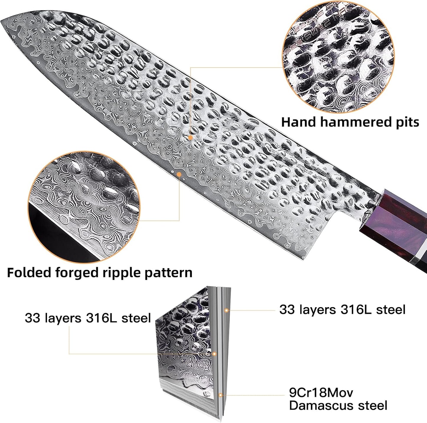 FINDKING Eternity Series Japanese Santoku Knife with ABS sheath, Professional Kitchen Knife, 9Cr18MoV Damascus Steel Blade, Resin Octagonal Handle, for Meat, Fruits, Vegetables, 7 Inches
