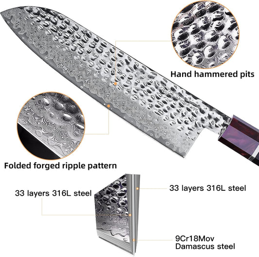 FINDKING Eternity Series Japanese Santoku Knife with ABS sheath, Professional Kitchen Knife, 9Cr18MoV Damascus Steel Blade, Resin Octagonal Handle, for Meat, Fruits, Vegetables, 7 Inches