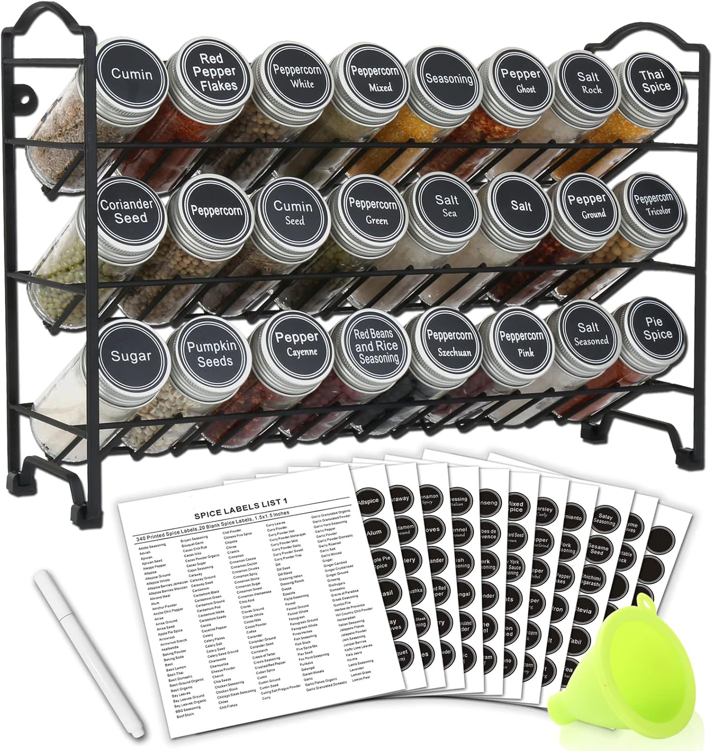 SWOMMOLY 3 Tier Spice Rack Organizer with 24 Empty Round Spice Jars, 396 Spice Labels, Funnel and Chalk Marker Complete Set, Black