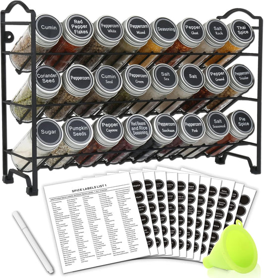 SWOMMOLY 3 Tier Spice Rack Organizer with 24 Empty Round Spice Jars, 396 Spice Labels, Funnel and Chalk Marker Complete Set, Black