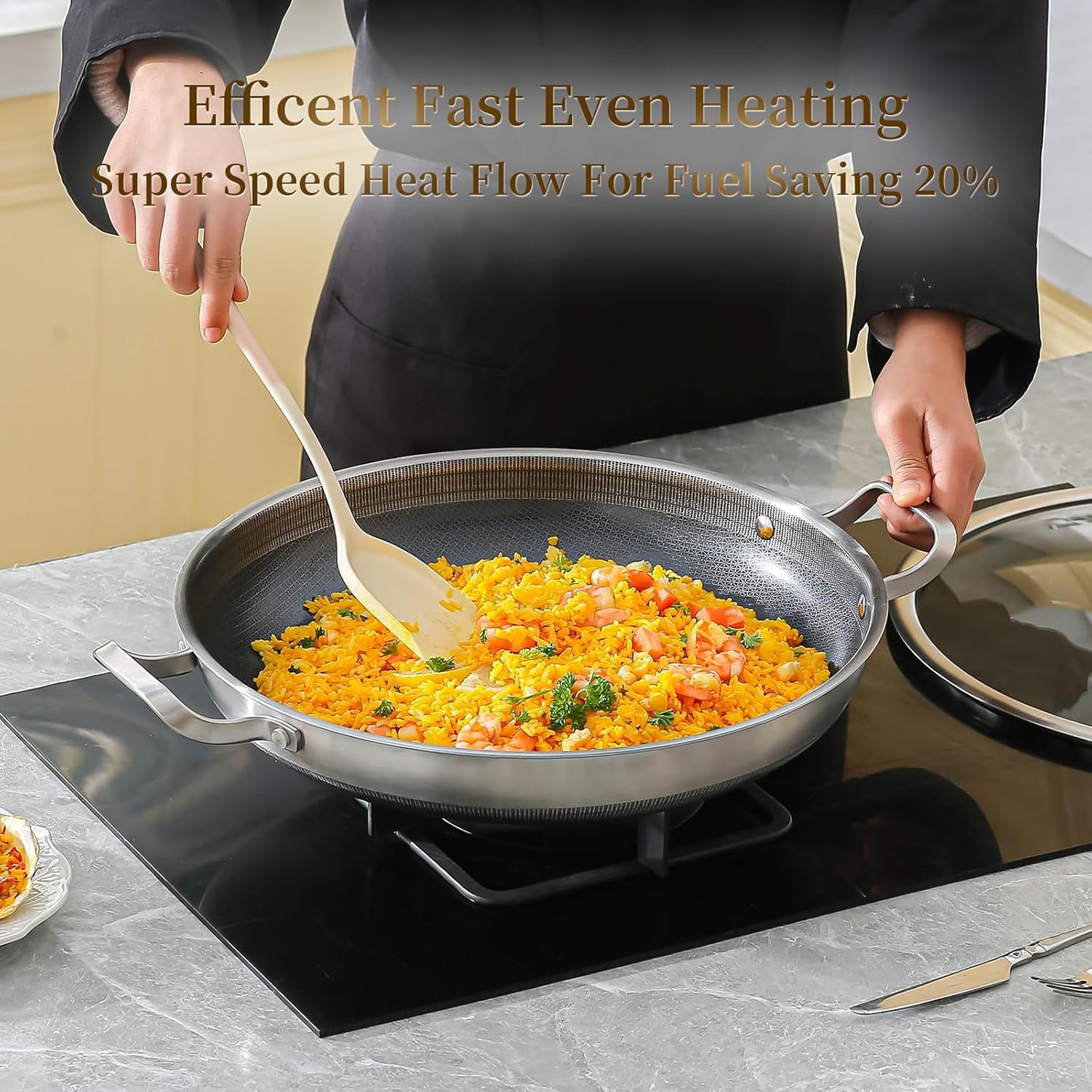 DELARLO Paella Pan 14 Inch Tri-Ply Stainless Steel Paella Pan with Lid Nonstick Frying Pan, Hybird Induction Large Skillets,Great for Paella Parties Indoors Outdoors,Heavy Duty Style