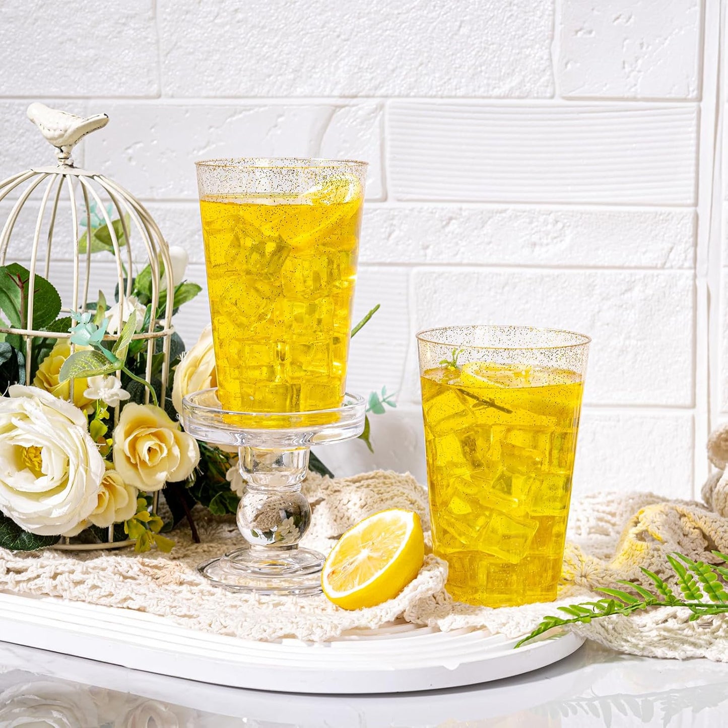 I00000 50 Pack 14 oz Gold Plastic Cups, Disposable Tumblers Gold Glitter Plastic Cups, Disposable Wine Glasses Cocktail Glasses Perfect for Wedding, Mother's Day, Thanksgiving, Christmas Parties