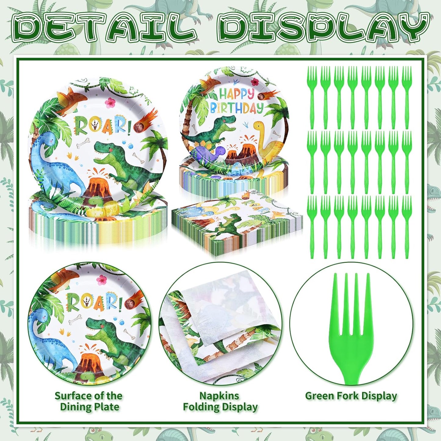 96 Pieces Dinosaur Birthday Tableware Set - Happy Birthday Disposable Dinnerware with Dino Design Plates, Napkins, and Forks for Boys Kids Party Decorations and Celebration, Serves 24 Guests