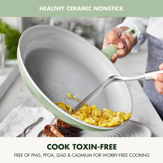 GreenPan Dover 12” Frying Pan Skillet, Non-Toxic PFAS-Free Ceramic Nonstick Coating, Sear Saute Fry Egg Omlete, Dishwasher & Oven Safe, Stay Cool Handle, Easy Pour Rims, Pastel Green