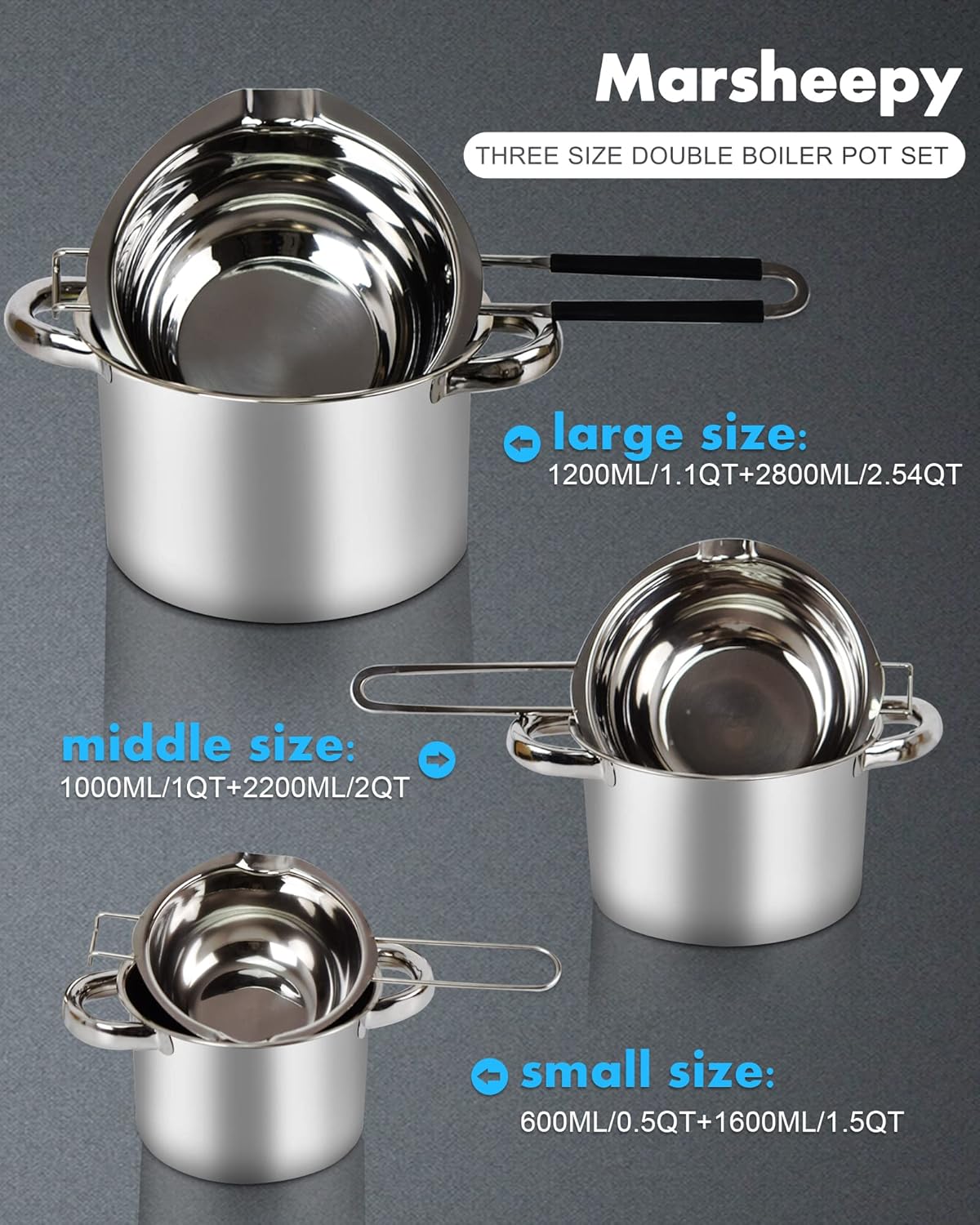 Double Boiler Pot Set,1200ML Double Boiler for Chocolate Melting, 2800ML 304 Stainless Steel Pot With Silicone Spatula for Melting Chocolate, Candy, Candle, Soap, Wax
