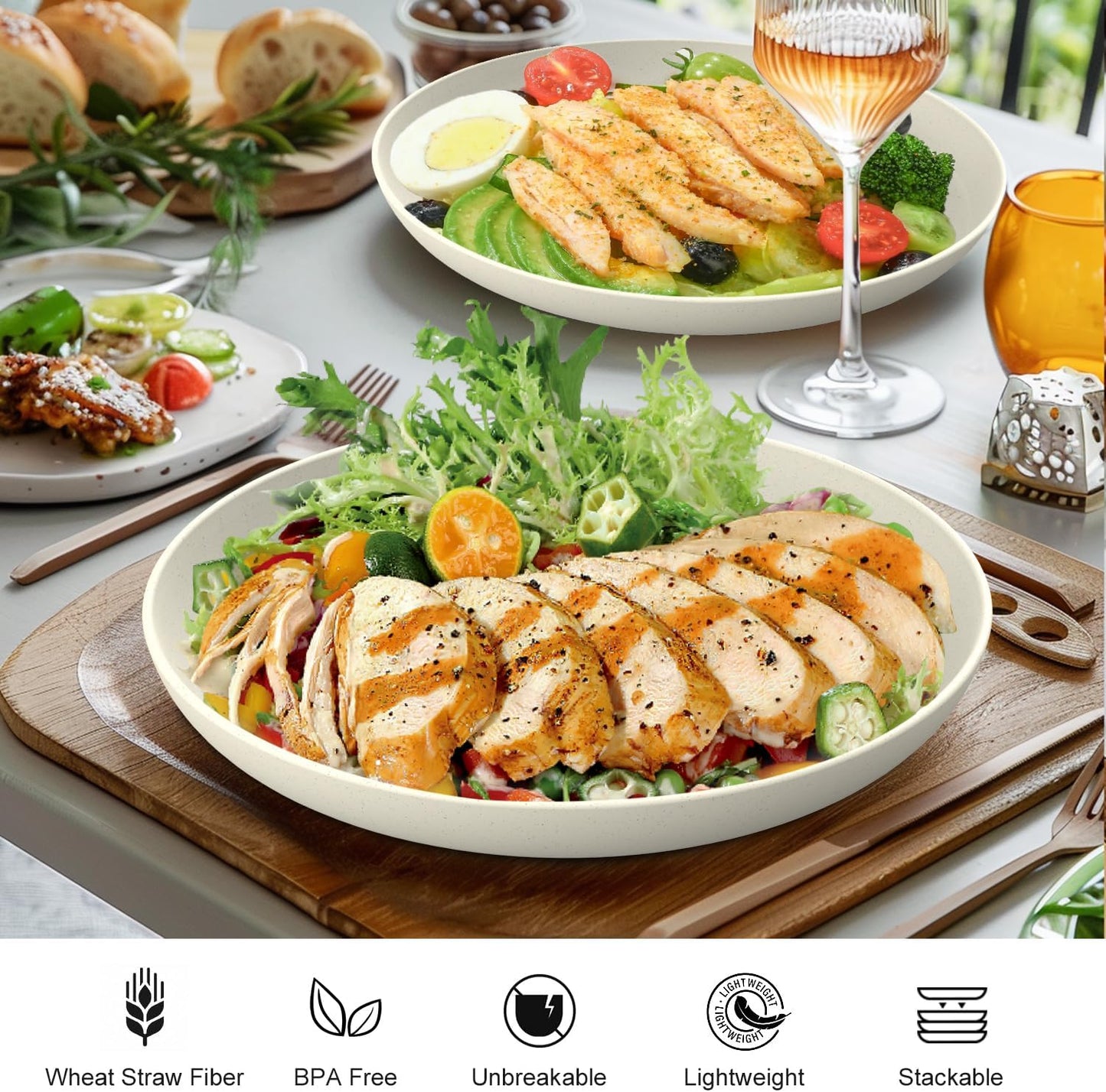 11 Inch Wheat Straw Plates - 8 Piece Set, Unbreakable Dinner Plates, Microwave Safe, Beige