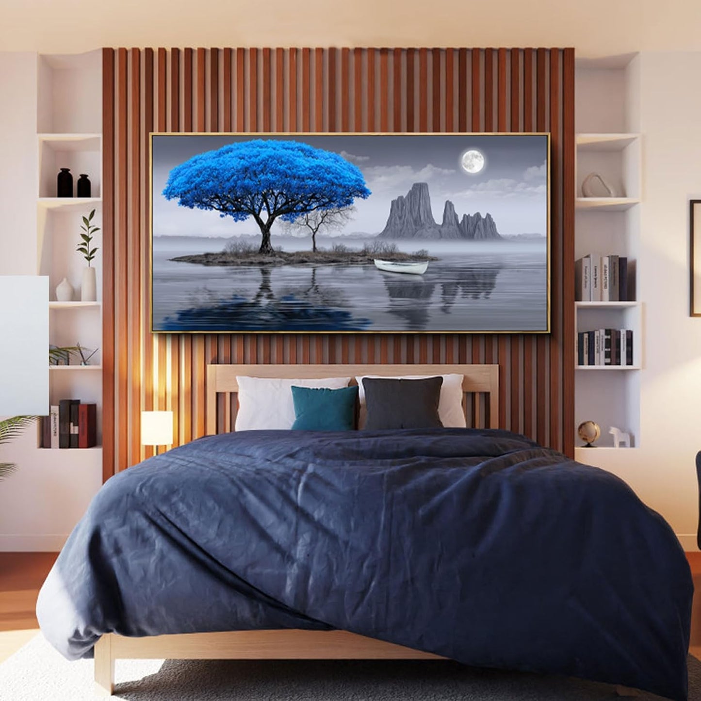 XLSJERST Living Room Wall Decor - Black and White Blue Tree Moon Canvas Wall Decor for Home Artwork Painting 29x58 Inches Canvas Print for Bedroom Decor Modern Salon Kitchen Office Hang a Picture