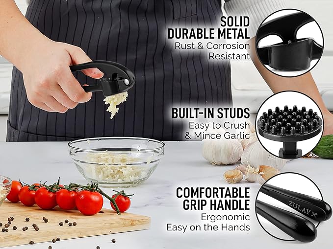 Zulay Kitchen Premium Garlic Press Set - Rust Proof & Dishwasher Safe Professional Garlic Mincer Tool - Easy-Squeeze, Easy-Clean with Soft, Ergonomic Handle - Silicone Garlic Peeler & Brush (Black)