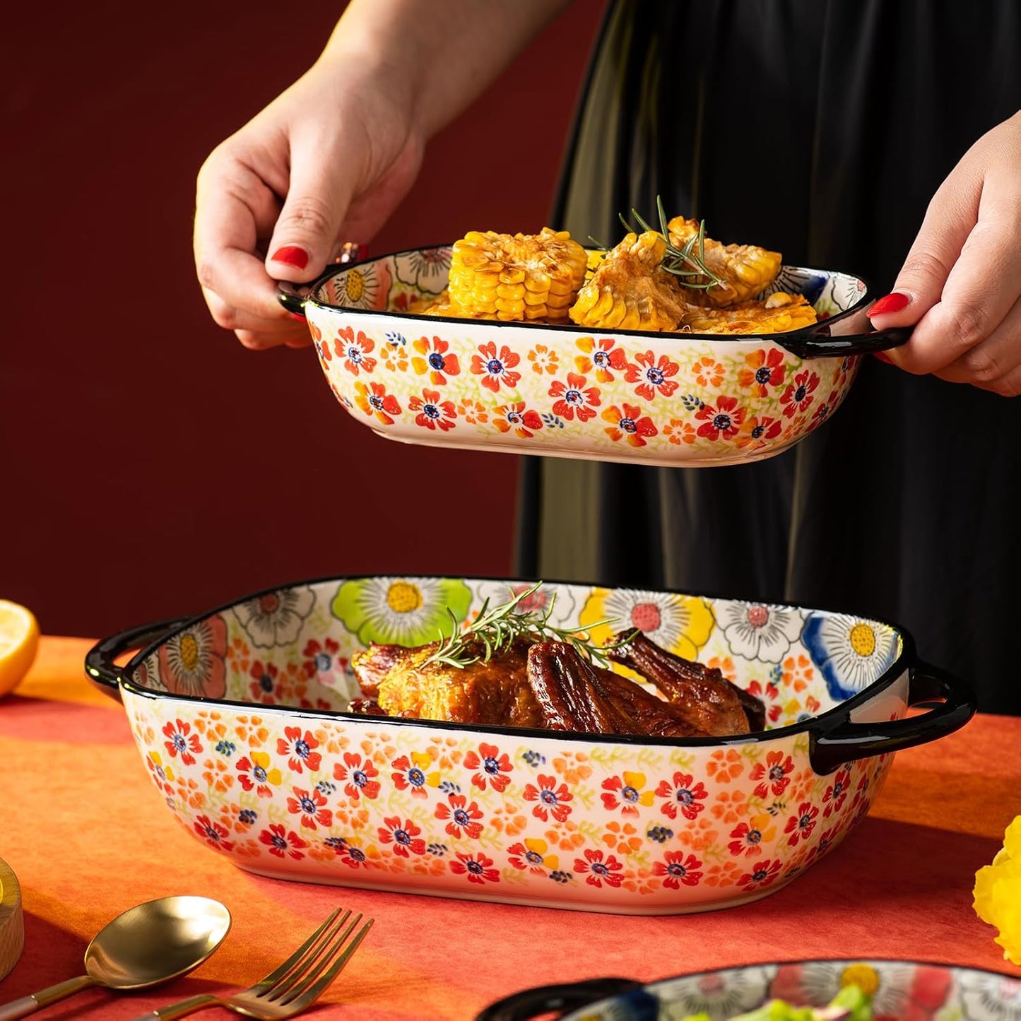 Retro pastoral style Ceramic Baking Dish Rectangular Bakeware Set Baking Pan, 2-piece Hand-painted Porcelain Baking pan with handle, Casserole Dish for Oven/Cooking/Kitchen (Romantic Flower)