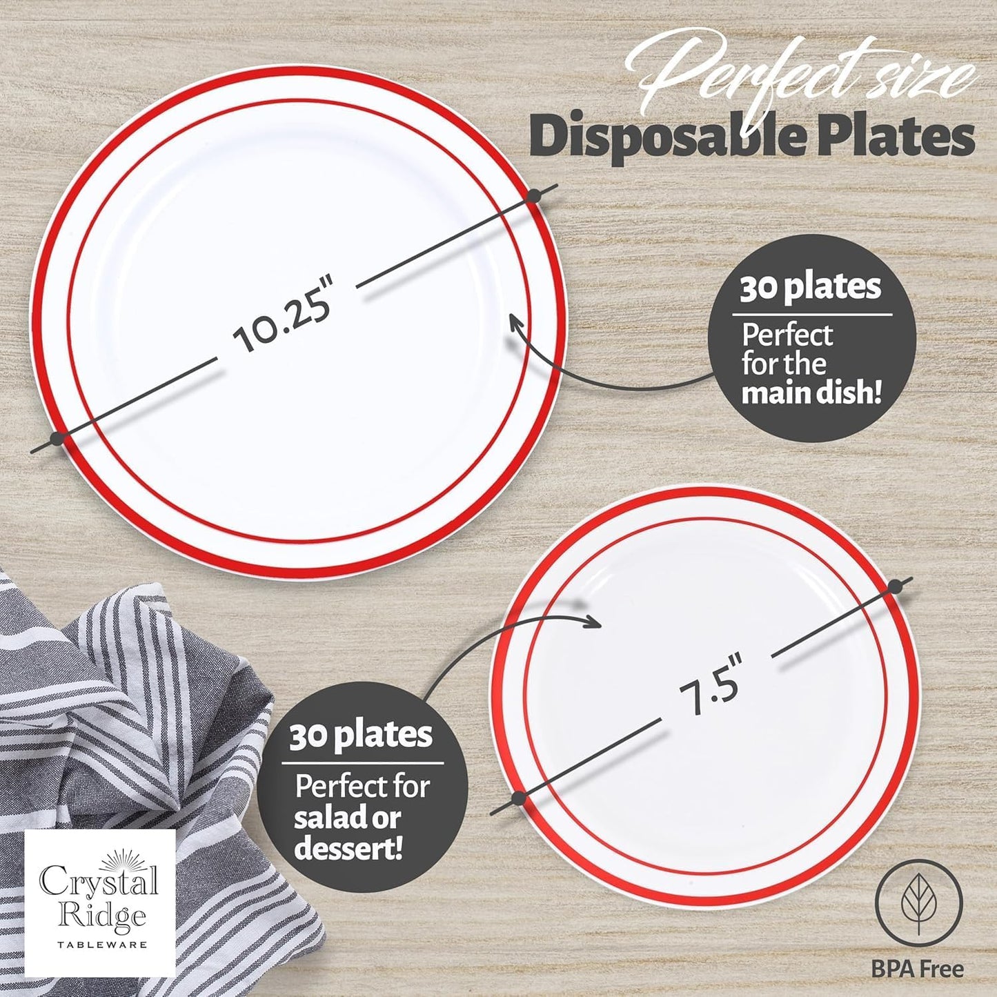 120-Piece Plastic Plates Set Premium 60 Dinner & 60 Salad Plates Pack, Disposable Plates for Party - White Plastic with Red Rim