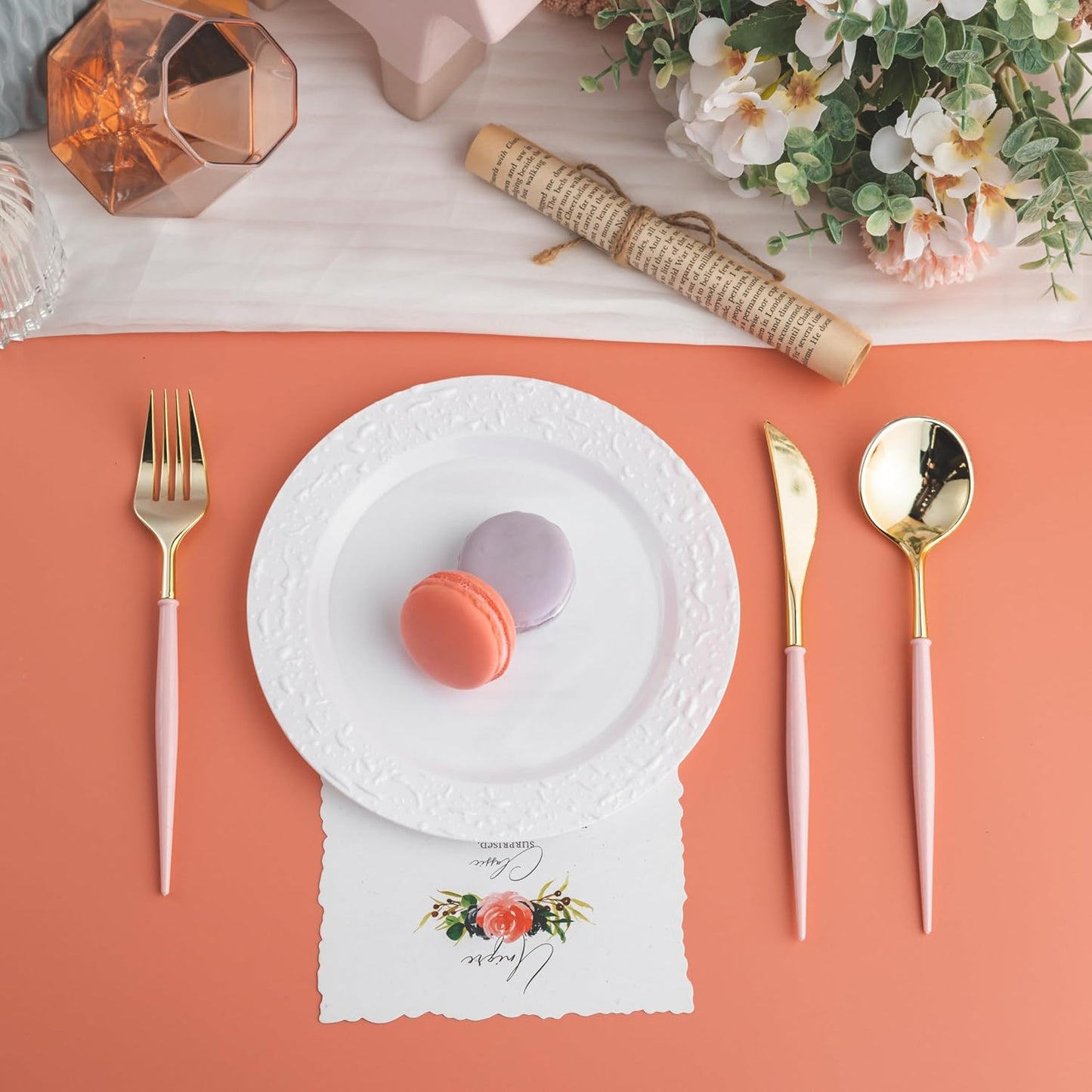 Lullaby 90PCS Gold Plastic Silverware, Gold Disposable Cutlery with Pink Handle Include 30 Forks, 30 Spoons, 30 Knives, Elegant Disposable Silverware for Wedding, Party and Mother's Day