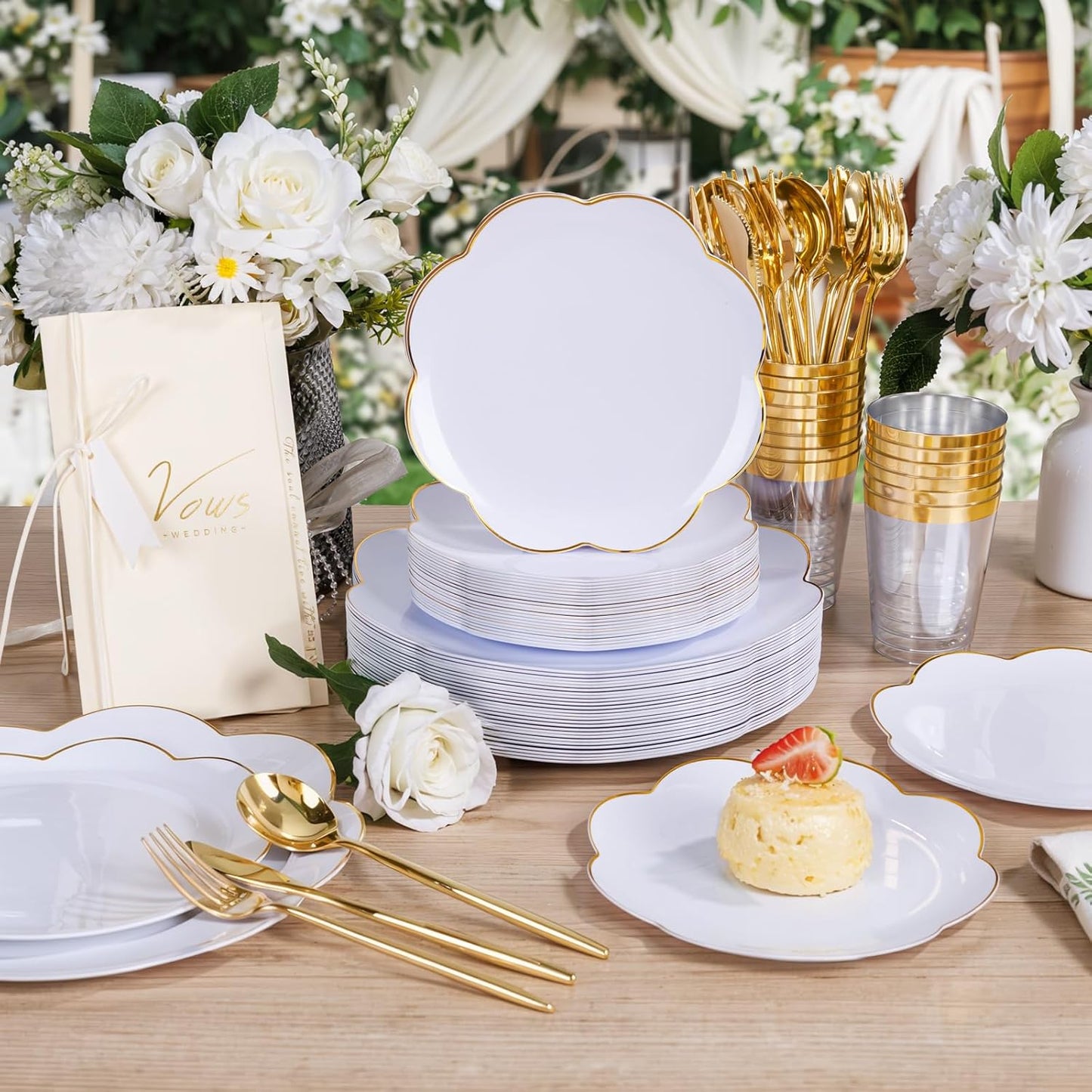 EI 180pcs White Plastic Plates with Gold Plastic Silverware,Heavy-Duty Disposable Plates for Party,White Dinnerware Set for 30 Guest Wedding,Birthday