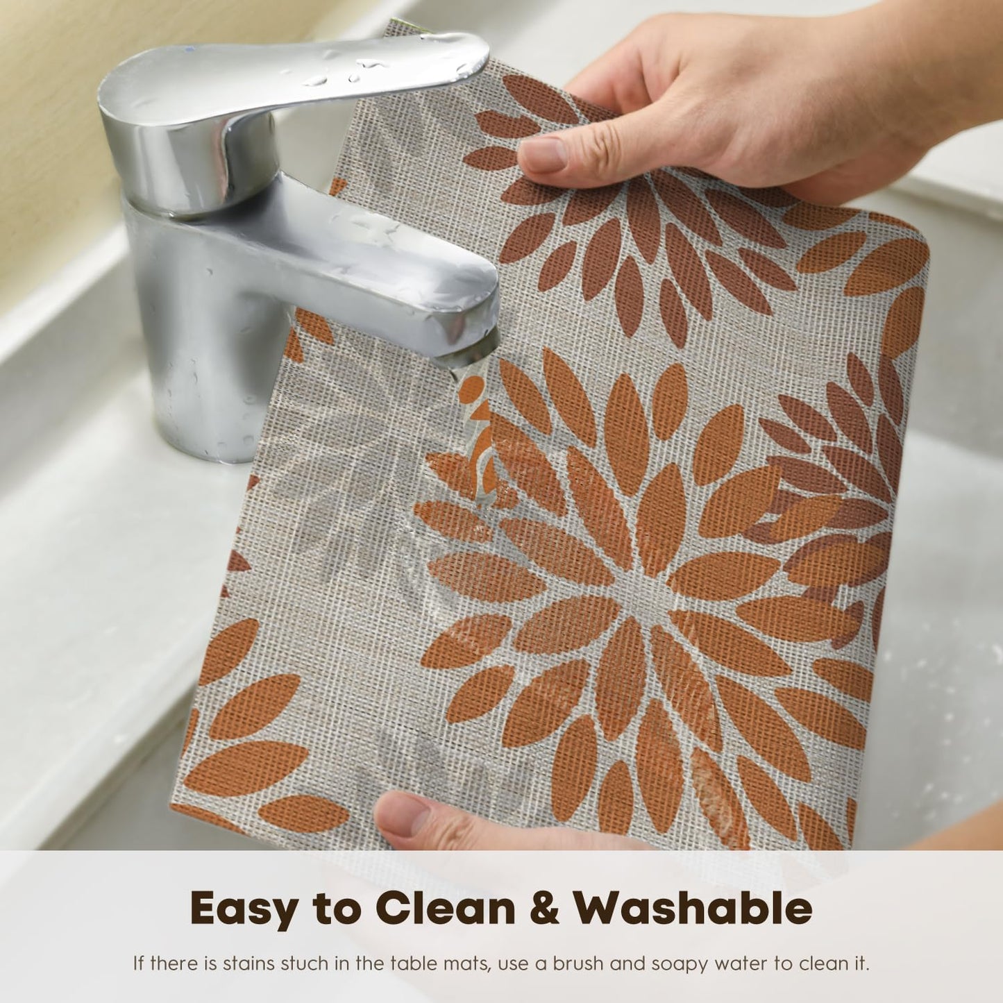 Artoid Mode Floral Vinyl Fall Placemats Set of 4, 12x18 Inch Thanksgiving Vintage Washable Non-Slip Plastic Place Mats for Party Kitchen Dining Decor, Orange