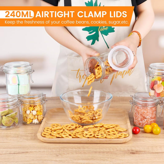 AuroTrends 8oz Glass Jars with Airtight Lid 12pcs with Leak Proof Rubber Gasket, 8 oz glass jars with lids- Featuring Clear Preserving Seal & Wire Clip Fastening for Kitchen Canning and Food Storage