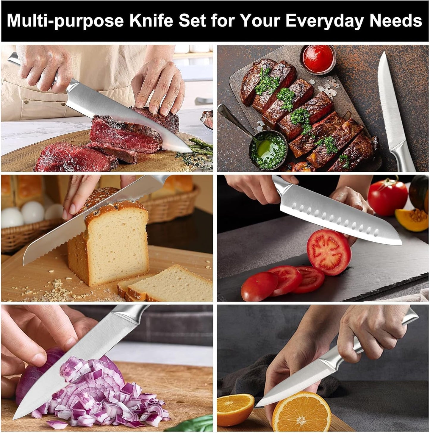 MDHAND 16 Pieces Knife Set with Block, Professional Stainless Steel Chef Knife Set, Ultra Sharp Knife Set with Block and Sharpener, Dishwasher Safe, Lightweight and Strong, Home Essential Gifts