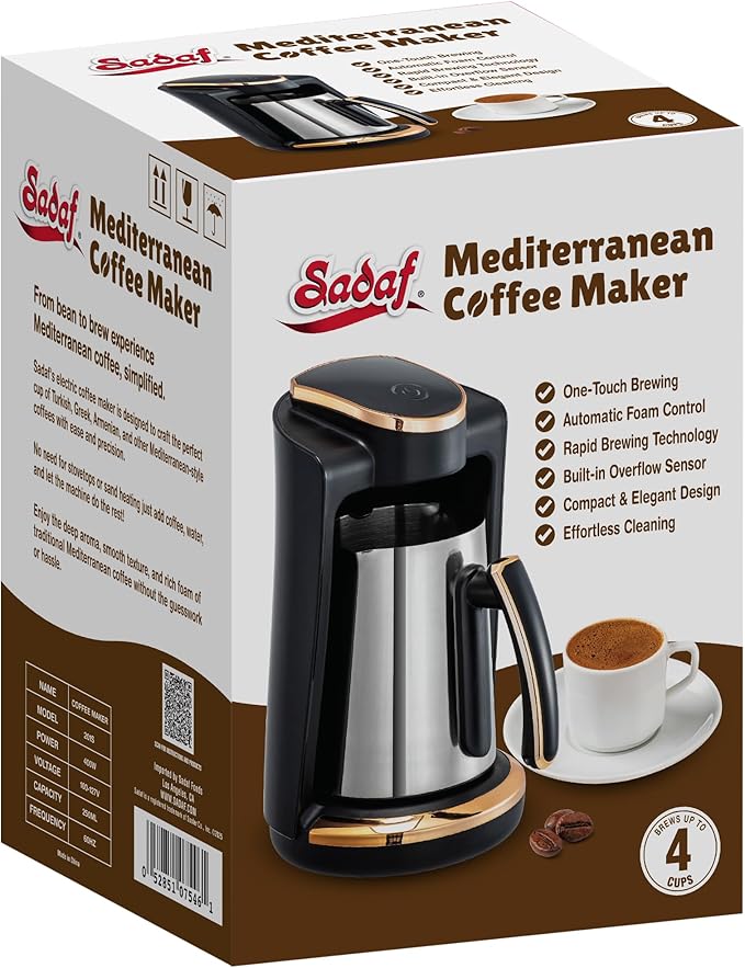 Sadaf One-Touch Mediterranean Coffee Maker – Electric Turkish, Greek, and Armenian Coffee Machine - Stainless Steel Coffee Maker - Foam Control & Overflow Sensor - 250ml, Gold