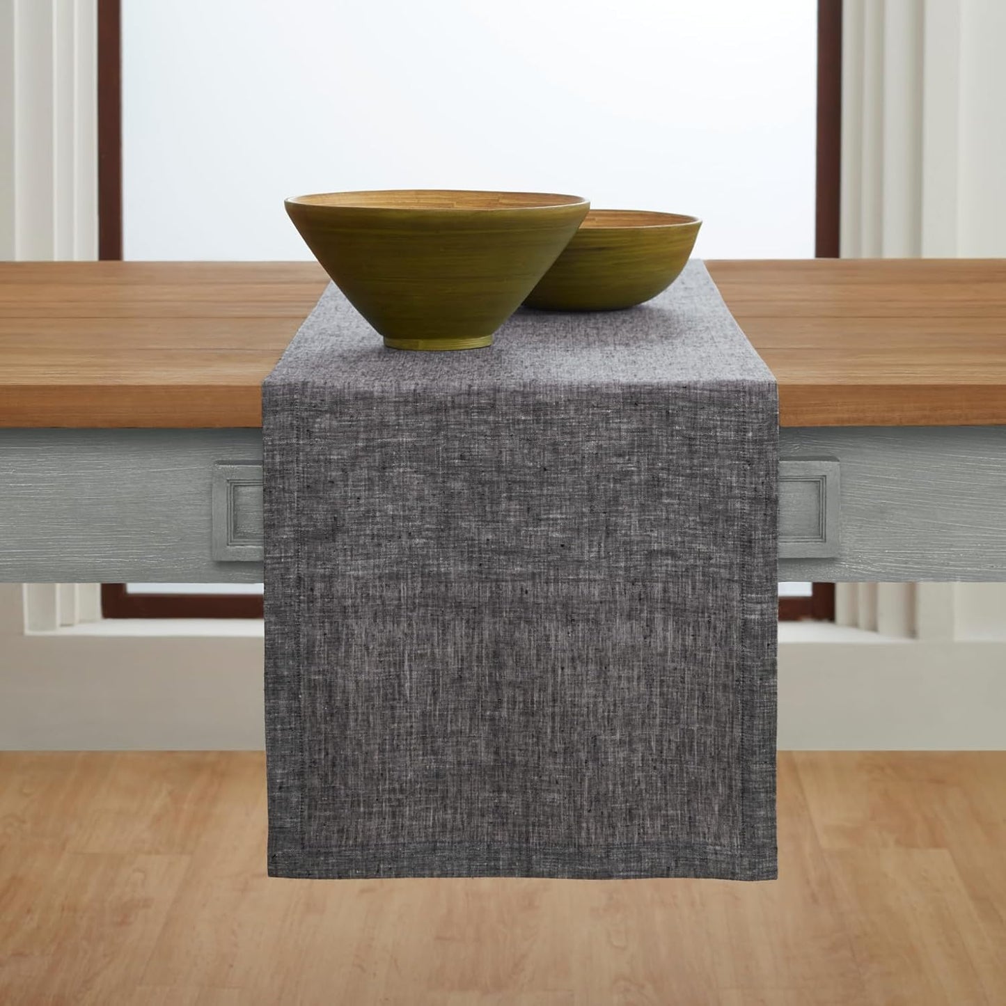 Solino Home Linen Table Runner 132 Inches Long - Athena, 100% Pure Linen Chambray Black 14 x 132 Inch Table Runner for Dining, Halloween, Thanksgiving