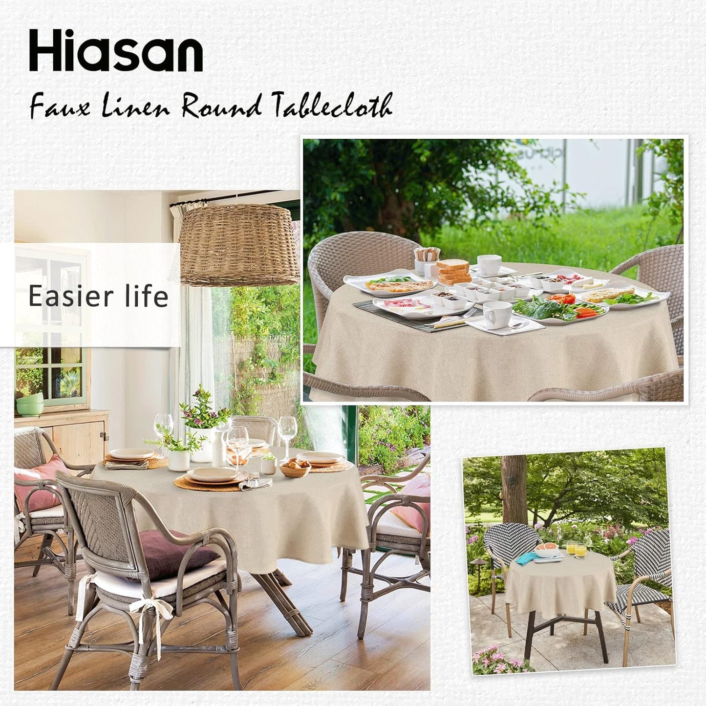Hiasan Round Linen Tablecloth 30 Inch - Wrinkle and Stain Resistant Washable Polyester Fabric Table Cloth for Dining Room Kitchen Party, Beige