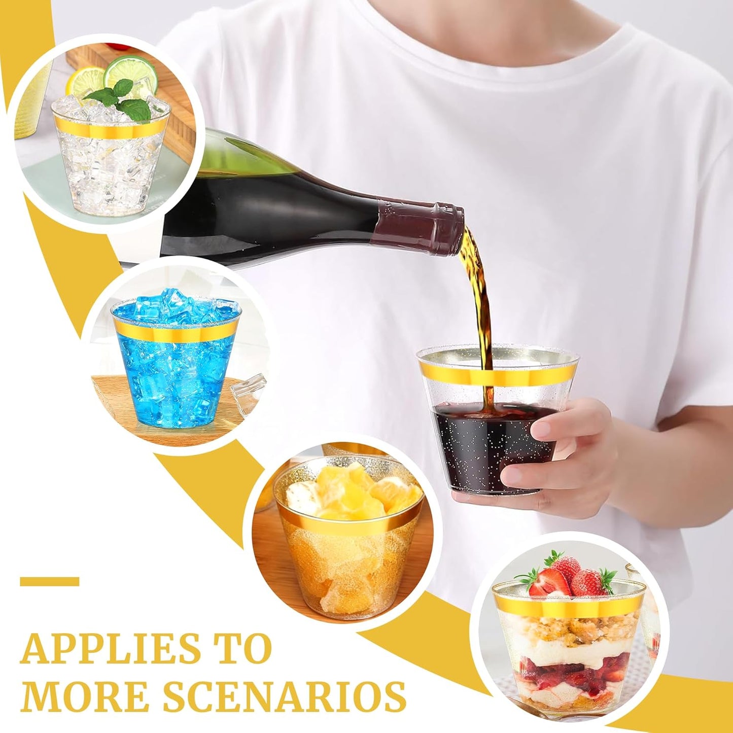 100 Pcs 9oz Glitter Gold Plastic Cups,9Oz Gold Rimmed Plastic Cups With Glitter Golden,Heavy Duty Clear Disposable Plasitc Cocktail Tumblers Wine Cup for Party,Wedding,Birthday,Christmas