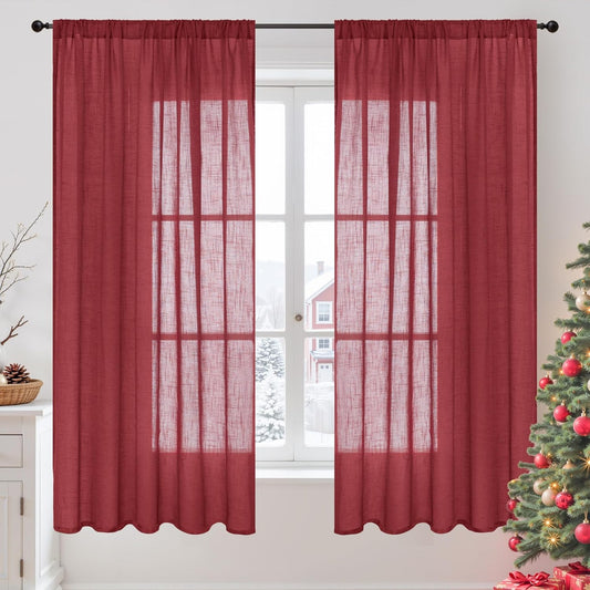BGment Burgundy Linen Curtains 63 Inches Long for Living Room, Semi Sheer Window Drapes Textured for Farmhouse Bedroom Dining Christmas Decor with Rod Pocket Lightweight, 2 Panels, Each 52 Inch Wide
