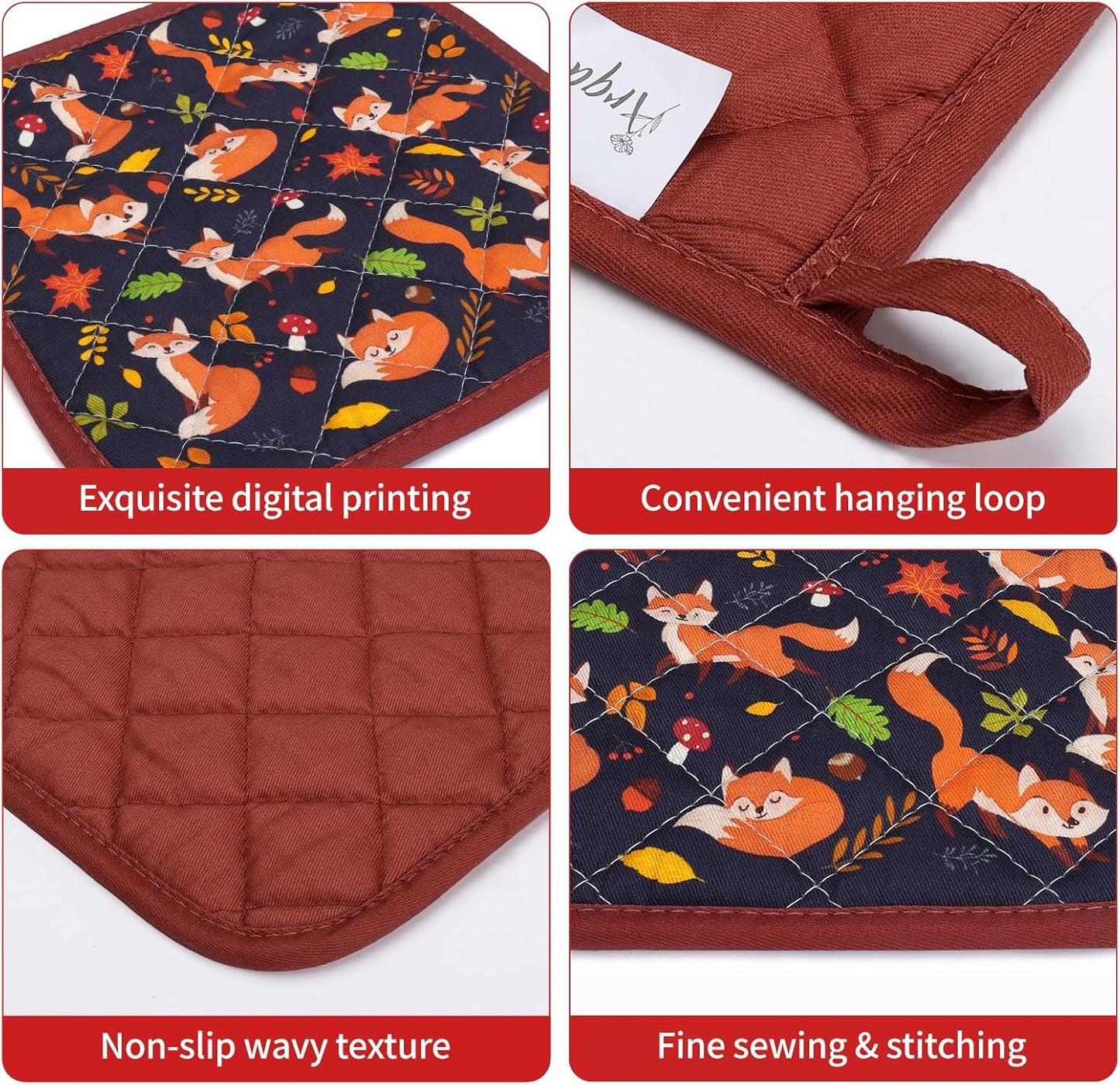 Fox Leaf Oven Mitts and Pot Holders Sets 2Pcs, 100% Cotton Heat Resistant, Extra Long Oven Gloves Potholder for Kitchen Cooking Baking Decoration