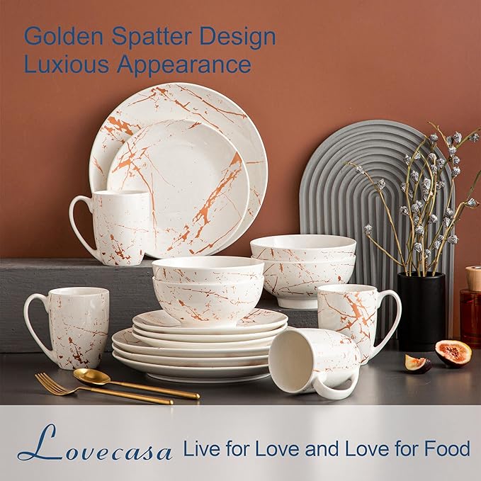 LOVECASA White Dinnerware Sets for 4, 16 Piece Porcelain Dish Set Plates and Bowls Sets, Gold Splash Glaze Ceramic Dinner Set with Mugs, Dishwasher Microwave Safe