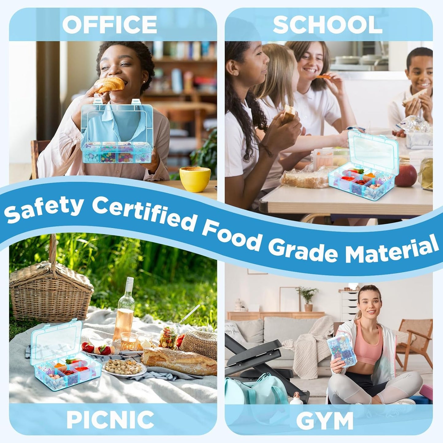 Thyle 1 Pcs Snack Box Container 8 Compartments Snack Containers Reusable Transparent Lunch Box Organizer Small Plastic Food Storage with Lids for Meal Prep School Work Travel (Blue)