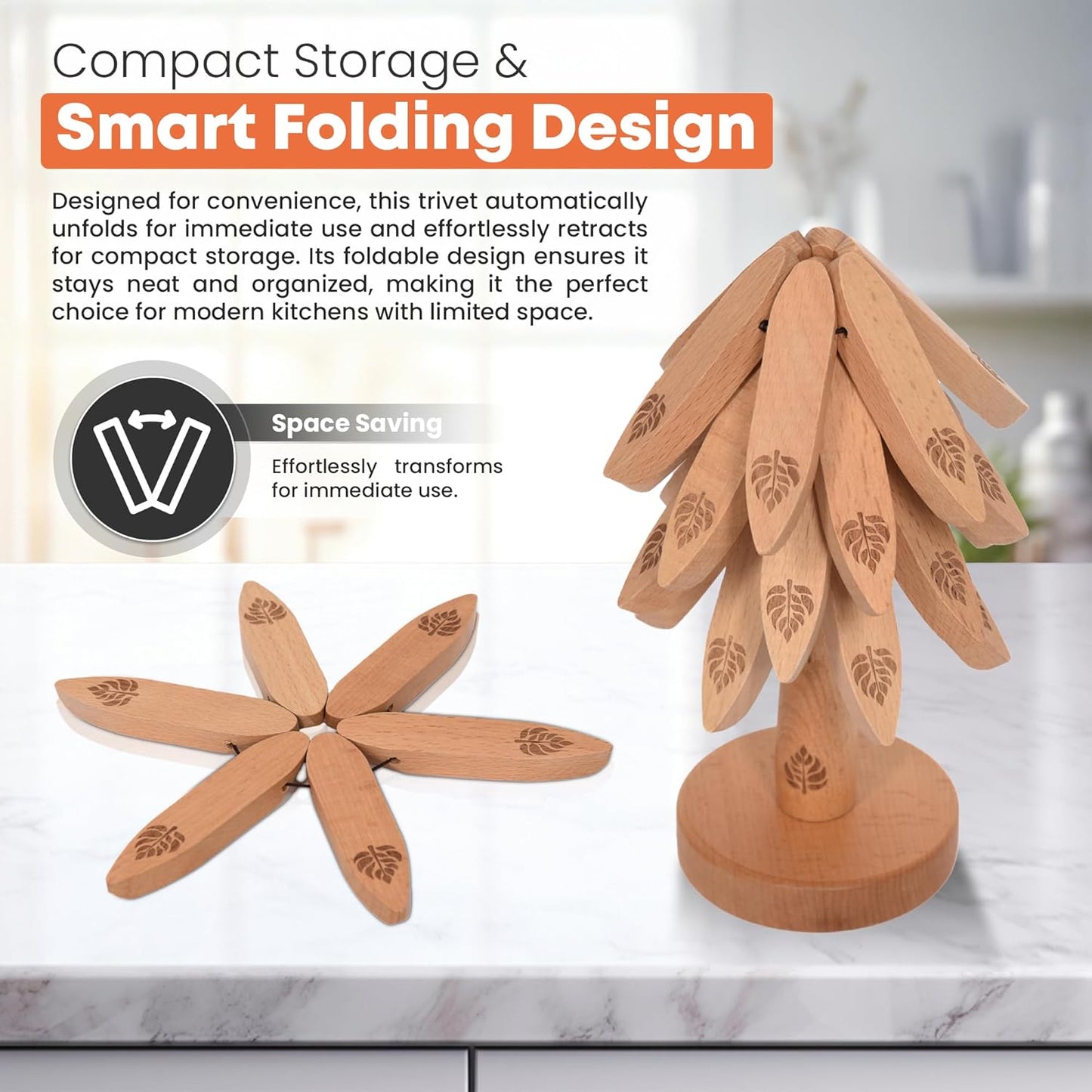 Expandable Wooden Trivets & Coaster Set for Hot Dishes Tree-Shaped Trivet Set – 4 Expanding Trivets + 1 Stand – Heat-Resistant Kitchen Decor for Pots, Bowls, Coffee & Teapots (Beech Wood)