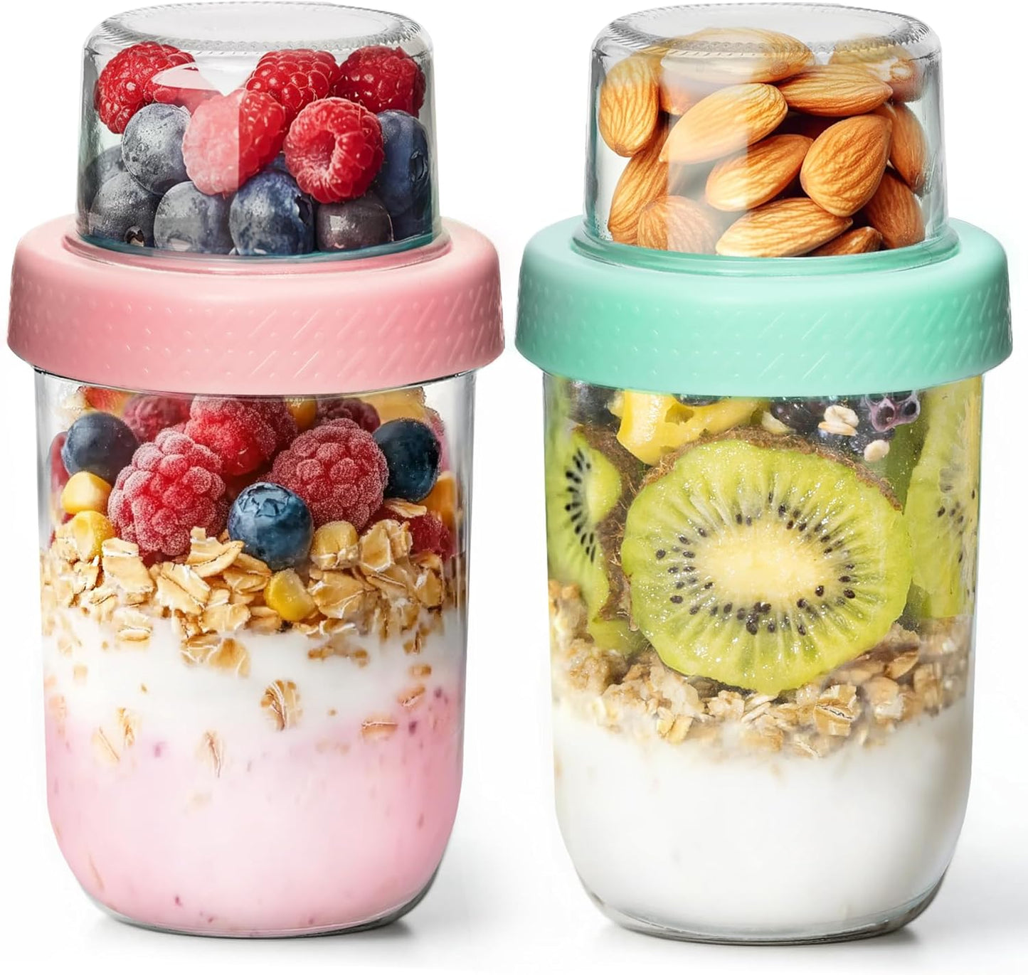 ComSaf 2-Pack 16 oz Overnight Oats Containers with Lids, Dual-Laryer Chia Pudding Jars with Dry and Wet Separation, Yogurt Parfait Cups for Oatmeal Cereal Nut Fruit, Meal Prep Glass Jars for Salad