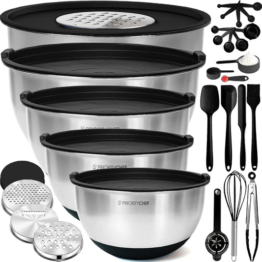 Priority Chef Stainless Steel Mixing Bowls with Lids Set, Metal Nesting Bowls with Airtight Lids, Graters, Non-Slip Base & Measurement Marks, Includes Utensil Set for Prep, Baking & Storage, Black
