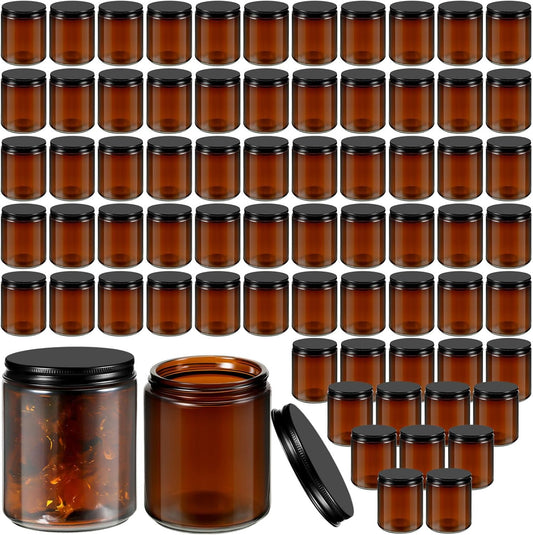 Lallisa 72 Pcs 8 oz Amber Glass Jars with Black Lids Round Glass Cosmetic Jars with Lids Empty Amber Containers Refillable Food Storage Containers for Spice Powder Liquid Sample Makeup