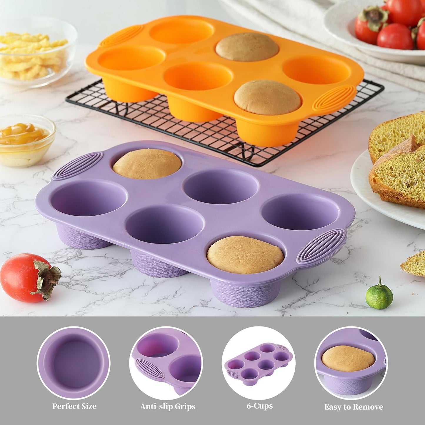 JJOO 2PCS Silicone Muffin Pan, 6-Cavity Nonstick Muffin Cupcake Pans Molds for Baking, Great for Cupcakes, Muffin, Brownies and More, BPA Free, Pack of 2 Colors (Orange and Purple)